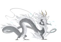 1boy absurdres antlers blue_eyes blue_tongue centauroid claws colored_skin colored_tongue dragon dragon_boy dragon_tail eastern_dragon fang floating_hair full_body grey_fur grey_hair grey_scales grey_skin hand_on_own_chest highres horns leviair long_hair looking_at_viewer male_focus mane monster_boy open_mouth original pointy_ears scales simple_background slit_pupils solo standing tail taur toned toned_male very_long_hair white_background