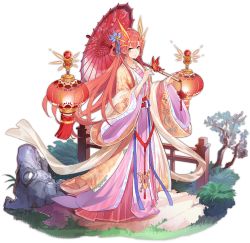1girl ark_order artist_request bug butterfly butterfly_on_hand chinese_clothes closed_mouth dress earrings energy_horns faux_figurine fence full_body grass green_eyes hair_ornament hanfu holding holding_umbrella insect jewelry lantern long_hair long_sleeves looking_at_viewer necklace official_art oil-paper_umbrella pink_dress red_hair shawl sidelocks smile solo stairs stone tassel transparent_background tree umbrella very_long_hair wide_sleeves xihe_(ark_order)