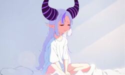 Rule 34 | 1girl, animated, bed, bed sheet, bedroom, blurry vision, demon girl, demon horns, fang, hololive, horns, hunched over, indoors, la+ darknesss, multicolored hair, on bed, pointy ears, rubbing eyes, sitting, sleepy, solo, streaked hair, striped horns, tagme, tears, video, virtual youtuber, waking up, white hair, yawning