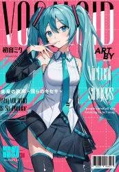 1girl 39 absurdres black_boots black_sleeves blue_eyes blue_hair blue_nails blue_necktie boots breasts character_name collared_shirt copyright_name detached_sleeves dress_shirt english_text floating_hair hair_between_eyes hannahkwok4 hatsune_miku highres long_hair long_sleeves looking_at_viewer nail_polish necktie parted_lips shirt sleeveless sleeveless_shirt small_breasts solo standing thigh_boots thighhighs twintails very_long_hair vocaloid white_shirt wing_collar zettai_ryouiki