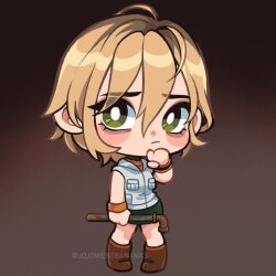 1girl artist_name blonde_hair chibi gradient_background green_eyes green_skirt hair_between_eyes heather_mason holding holding_lead_pipe joanna_went_bananas lead_pipe silent_hill_(series) silent_hill_3 skirt vest white_vest