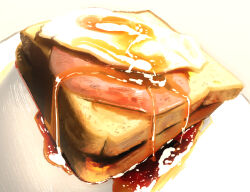 Rule 34 | bread, bread slice, commentary request, egg (food), food, food focus, fried egg, ham, no humans, original, syrup, toast, wadapen