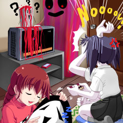 2girls :3 ? angry bad_id bad_pixiv_id blood blouse braid closed_eyes crt extra_arms kneehighs kyukkyu-kun madotsuki monoko monster_party multiple_girls pink_shirt playing_games ponta shirt shirt_tucked_in skirt socks television tokuto-kun twin_braids twintails uboa video_game white_shirt wooden_floor yume_nikki