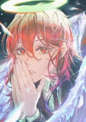1boy angel angel_devil_(chainsaw_man) angel_wings bishounen black_necktie chainsaw_man collared_shirt commentary_request eyelashes feathered_wings fingernails formal_clothes hair_between_eyes halo highres jacket long_hair looking_at_viewer male_focus necktie pineapp80783931 shirt solo suit suit_jacket teeth traditional_halo twitter_username white_shirt white_wings wings