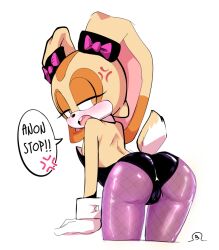 ! !! angry artist_logo ass bare_shoulders bent_over black_leotard blaski blush bow caught_staring cream_the_rabbit cuff_links cuffs english_text eyelashes fishnets flat_chest from_behind furry furry_female leotard logo loli long_ears looking_at_viewer looking_back nipple_slip nipples orange_eyes orange_fur pantyhose playboy_bunny purple_pantyhose rabbit_ears rabbit_girl sonic_(series) speech_bubble tail two-tone_fur white_background yellow_fur
