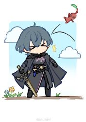 &gt;_&lt; 1boy ^^^ armor armored_gloves armored_legwear black_armor black_coat black_gloves black_pants blue_flower male_byleth_(fire_emblem) cloud coat commentary dagger deformed fire_emblem fire_emblem:_three_houses flower gloves gorget grass green_hair hair_between_eyes holding holding_sword holding_weapon holstered knife leaf male_focus nintendo ornate_weapon pants pikmin_(creature) pikmin_(series) red_pikmin solo standing super_smash_bros. sword sword_of_the_creator symbol-only_commentary un_tapoi weapon yellow_flower