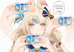 1girl absurdres afterimage animal_ear_fluff animal_ears blonde_hair blue_eyes blue_streaks closed_mouth commentary english_commentary fang highres holding_id_card indie_virtual_youtuber insfidelie long_hair looking_at_viewer motion_blur one_side_up sameko_saba skin_fang solo speech_bubble virtual_youtuber