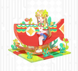 1girl absurdres aged_down arknights blue_shorts brown_hair child commentary elf english_commentary hair_ornament highres laurel_crown long_hair looking_at_viewer lyuqiu mole mole_under_eye muelsyse_(arknights) open_mouth orange_hair pointy_ears rocking_animal shoes short_sleeves shorts solo star_(symbol) teeth upper_teeth_only very_long_hair white_shoes