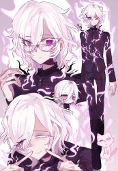 1boy cat chibi closed_eyes closed_mouth eyelashes full_body glasses hair_between_eyes hand_up heterochromia highres japanese_text long_sleeves looking_at_viewer multiple_views pink_eyes shion_(hundred_line) simple_background smile standing the_hundred_line_-last_defense_academy- white_eyes white_hair
