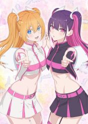 2.5_jigen_no_ririsa 2girls amano_ririsa belt blonde_hair blue_eyes breast_press breasts colored_eyelashes cosplay crop_top detached_sleeves fake_wings fanged_bangs garter_straps hair_between_eyes hair_ornament high_collar highres holding_hands key_visual liliel_(2.5_jigen_no_ririsa) liliel_(2.5_jigen_no_ririsa)_(cosplay) long_hair looking_at_viewer midriff miniskirt miriella_(2.5_jigen_no_ririsa) miriella_(2.5_jigen_no_ririsa)_(cosplay) multicolored_hair multicolored_skirt multiple_girls navel official_art open_mouth pink_belt pink_eyes pink_garter_straps pink_hair pink_shirt pink_skirt pink_thighhighs pointing pointing_at_viewer promotional_art purple_hair purple_shirt purple_skirt shirt skirt sleeveless sleeveless_shirt small_breasts stomach symmetrical_docking tachibana_mikari thighhighs two-tone_hair webp-to-png_conversion white_garter_straps white_skirt wing_hair_ornament wings zettai_ryouiki