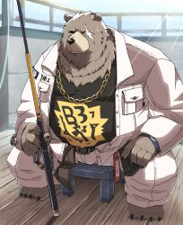 1boy animal_ears bear_boy bear_ears belly ben_bigger black_tank_top brown_fur chain chain_necklace claws commentary_request emu_426 fat fat_man fishing_rod furry furry_male highres holding holding_fishing_rod jacket jewelry looking_at_viewer male_focus necklace notched_ear obese pants scar scar_across_eye scar_on_face sitting stool sweatdrop tank_top white_jacket white_pants zenless_zone_zero