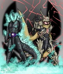 Rule 34 | 2boys, abs, adapted costume, alien, armor, aura, black tail, cosplay, crossover, cyborg human tanast, demon, demon boy, dragon, rider belt, glowing, glowing eyes, godzilla, godzilla: final wars, godzilla (cosplay), godzilla (series), gold horns, highres, horns, hydra, kaiju, kamen rider, kamen rider revice, keizer ghidorah, lightning, male focus, monster x, multiple boys, muscular, muscular male, red lightning, revice driver, rider belt, sharp teeth, space monster, spikes, spines, tail, teeth, toho, tokusatsu, vistamp