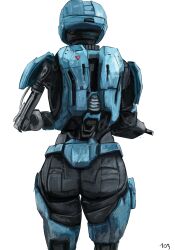 103anon 1girl absurdres armor ass assault_rifle bullpup cable catherine-b320 from_behind gun halo:_reach halo_(series) helmet highres holding holding_gun holding_weapon ma5 mechanical_arms power_armor rifle science_fiction single_mechanical_arm solo spartan_(halo) weapon white_background