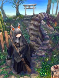 1girl animal_ears broom bucket commentary_request crab fantasy full_body grey_hair highres japanese_clothes kimono long_hair monster_girl nature orange_eyes original outdoors prehensile_tail solo tail taitannsouru torii tree very_long_hair