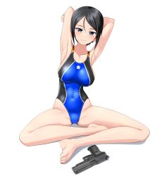 Rule 34 | 1girl, absurdres, armpits, arms behind head, barefoot, black eyes, black hair, blue one-piece swimsuit, breasts, chouno ami, commentary request, competition swimsuit, feet, girls und panzer, gun, handgun, highres, indian style, large variant set, looking at viewer, medium breasts, multicolored swimsuit, one-piece swimsuit, presenting armpit, short hair, sig p220/p226, sig sauer, simple background, sitting, solo, swept bangs, swimsuit, takafumi, toes, turtleneck, variant set, weapon, white background