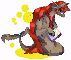 Rule 34 | animal, ascot, book, brown eyes, choko (sweetpocket), clothed animal, commentary request, creature, creature focus, full body, glasses, hippocamp, holding, holding book, light smile, looking to the side, neopet (creature), neopets, no humans, peophin, red ascot, red hair, round eyewear, sitting, solo, tyrannian neopet, white background