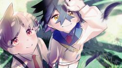 2boys black_hair blue_shirt blush brown_hair closed_mouth collared_shirt commentary_request crossed_bangs feathers florian_(pokemon) from_above grass hair_between_eyes highres holding_hands jacket kieran_(pokemon) long_sleeves male_focus multiple_boys naranja_academy_school_uniform nintendo pokemon pokemon_sv purple_hair red_eyes school_uniform shading_eyes shirt shorts smile suspenders uzura_syouyu white_jacket white_shirt white_shorts yaoi yellow_eyes