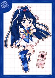 Rule 34 | 1girl, animal print, blue boots, blue border, blue bow, blue eyes, blue hair, blue shorts, blue vest, boots, border, bow, bowtie, butterfly earrings, butterfly print, cellphone, collared vest, cure aqua, deformed, dot nose, dotted line, dress, earrings, elbow gloves, eyelashes, fingerless gloves, flip phone, floral print, flower, frilled sleeves, frills, full body, gloves, grid background, hair bow, hair flower, hair ornament, hand in own hair, happy, high collar, high heel boots, high heels, high ponytail, highres, jewelry, long hair, magical girl, minazuki karen, open mouth, outline, phone, pink bag, pink flower, pink rose, pleated dress, ponytail, precure, puffy short sleeves, puffy sleeves, red brooch, rose, rose print, short dress, short sleeves, shorts, shorts under dress, signature, smile, solo, swept bangs, tareme, teeth, upper teeth only, uwded 207, very long hair, vest, waist bag, white background, white dress, white gloves, white outline, yellow bow, yellow bowtie, yes! precure 5, yes! precure 5 gogo!