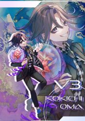 1boy bouquet character_name checkered_necktie commentary_request danganronpa_(series) danganronpa_v3:_killing_harmony flipped_hair flower formal_clothes full_body grin hair_between_eyes hands_up highres holding holding_bouquet jacket long_sleeves looking_at_viewer male_focus medium_hair necktie nota_sayaka official_alternate_costume official_alternate_hairstyle oma_kokichi pants parted_bangs purple_eyes purple_ribbon red_flower ribbon ringed_eyes shirt short_hair smile solo standing teeth