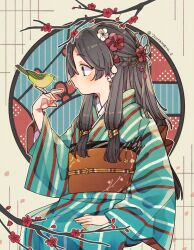 1girl artist_name bird black_hair branch brown_sash commentary flower green_kimono hair_flower hair_ornament hand_on_own_knee highres japanese_clothes kimono long_hair looking_to_the_side notamaru_2 obi original sash sidelocks striped_clothes striped_kimono