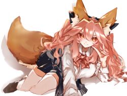 animal_ears black_shoes blue_skirt clothes_around_waist fate/extra fate_(series) fox_ears fox_girl fox_tail gin_(yza_foxxhermit) highres lying on_side pink_hair red_ribbon ribbon school_uniform shirt shoes skirt smile sweater sweater_around_waist tail tamamo_(fate) tamamo_no_mae_(jk)_(fate) thighhighs twintails white_shirt white_thighhighs yellow_eyes