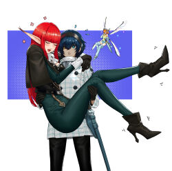 1boy 2girls absurdres arms_around_neck ascot ben-day_dots black_footwear black_jacket black_pants black_shirt blue_eyes blush boots carrying closed_eyes fairy fairy_wings flower_symbol flying_sweatdrops gallica_(metaphor:_refantazio) green_pants headband heterochromia high_heel_boots high_heels highres hime_cut hulkenberg_(metaphor:_refantazio) jacket kicking light_blush metaphor:_refantazio motion_lines multiple_girls pants princess_carry protagonist_(metaphor:_refantazio) rectangle red_hair scabbard screentones sheath shirt smile sparkle sweatdrop sword weapon white_ascot white_shirt wing_(wingho) wings yellow_eyes