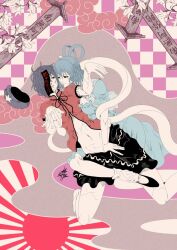 Rule 34 | 2girls, black ribbon, black skirt, blue dress, blue eyes, blue hair, breasts, checkered background, dress, fingernails, flower, full body, hagoromo, hair ornament, hair rings, hair stick, hat, hat ornament, highres, jiangshi, kaku seiga, lily (flower), looking at another, looking to the side, medium breasts, miyako yoshika, multiple girls, navel, neck ribbon, newsboy cap, ofuda, ofuda over one eye, open mouth, outstretched arms, pale skin, pink background, purple hair, purple hat, red shirt, ribbon, rising sun flag, shawl, shirt, short hair, short sleeves, skirt, star (symbol), star hat ornament, sunburst, touhou, unworn hat, unworn headwear, white background, white flower, xiangyun, yamada satoshi, yuri, zombie pose