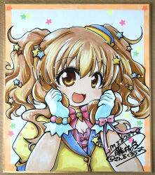1girl :d absurdres blue_background blue_gloves blue_hat blush bow bowtie brown_eyes brown_hair comiket_98 commentary_request fujii_ryou gloves hair_ornament hat highres idolmaster idolmaster_cinderella_girls looking_at_viewer medium_hair mini_hat moroboshi_kirari open_mouth orange_background pink_bow pink_bowtie shirt smile solo star_(symbol) star_hair_ornament star_symbol_background two-tone_background upper_body yellow_shirt