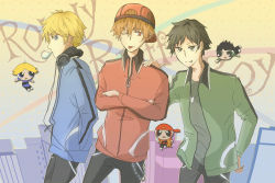 3boys black_hair blonde_hair blue_eyes blue_jacket boomer_(ppg) brick_(ppg) brothers butch_(ppg) chewing_gum crossed_arms green_eyes green_jacket hand_on_shoulder hands_in_pockets hat headphones jacket multiple_boys open_mouth orange_hair powerpuff_girls red_eyes red_jacket rowdyruff_boys short_hair siblings text_background tongue tongue_out