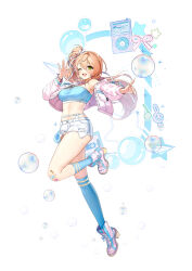 1girl absurdres armpits bandaid bandaid_on_knee bandaid_on_leg bandeau bare_shoulders blonde_hair blue_bandeau blue_socks blue_thighhighs blush breasts choker closers exposed_pocket full_body green_eyes hair_ribbon hand_up highres index_finger_raised jacket kneehighs leg_up long_hair looking_at_viewer medium_breasts midriff navel off_shoulder official_art one_eye_closed open_clothes open_jacket open_mouth outstretched_arm pink_jacket pink_shoes ribbon shoes short_shorts shorts side_ponytail single_kneehigh single_sock single_thighhigh smile socks solo soma_(closers) stomach strapless thighhighs thighs torn_clothes torn_shorts tube_top white_choker white_shorts