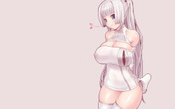 1girl blue_eyes breasts cleavage controller curvy elbow_gloves female_focus game_console game_controller gloves highres huge_breasts kei_jiei large_breasts long_hair musical_note nipples panties playstation_3 ponytail product_girl ps3-tan puffy_nipples smile solo sony strapless thighhighs tube_top underwear white_hair