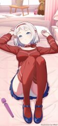 1girl absurdres artist_name blue_eyes blue_skirt blush breasts choker closed_mouth commentary_request cool_mita_(miside) cool_mita_(miside)_(cosplay) cosplay full_body gakuen_idolmaster grey_hair hairband hands_up highres hmax idolmaster katsuragi_lilja knees_up long_sleeves looking_at_viewer lying mary_janes medium_breasts miniskirt miside mita_(miside) on_back panties partial_commentary pleated_skirt red_choker red_sweater red_thighhighs sex_toy shoes short_hair skirt solo stuffed_animal stuffed_toy sweater teddy_bear thighhighs thighs underwear vibrator voice_actor_connection white_panties
