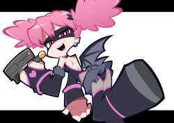 1girl :d bare_shoulders bat_wings black_dress black_skirt boku_no_hero_academia boots breasts cosplay detached_sleeves domino_mask dress earrings fang fangs flat_chest gloves haneyama_kazuho heart heart_earrings holding holding_weapon jewelry letterboxed looking_at_viewer mask okitya open_mouth panties panty_&amp;_stocking_with_garterbelt_(style) pink_eyes pink_hair pink_wings pointy_ears red_eyes short_hair short_twintails skirt small_breasts smile solo strapless strapless_dress thigh_boots thighhighs thighhighs_under_boots twintails underwear vigilante_-boku_no_hero_academia:_illegals- weapon white_background wings