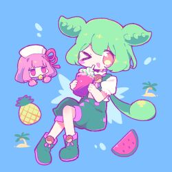 &gt;_o 2girls ;d absurdres animal_ears blush_stickers boots chibi chibi_inset cup drink drinking_straw food fruit full_body green_boots green_hair green_shorts hashtag-only_commentary highres holding holding_cup jitome kotonoha_akane long_hair looking_at_viewer multiple_girls nekomo_(yumenkmc) one_eye_closed open_mouth pineapple pink_eyes pink_hair ponytail shirt short_sleeves shorts simple_background smile suspender_shorts suspenders voiceroid voicevox watermelon watermelon_slice white_shirt zundamon