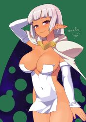 1girl arcana_heart arm_behind_head armpits blush breasts cleavage covered_navel elf grey_hair heart heart-shaped_pupils highres large_breasts legs long_hair nalia no_bra parace_l&#039;sia pointy_ears purple_eyes smile solo symbol-shaped_pupils thighs