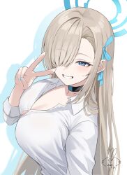 1girl asuna_(blue_archive) asuna_(school_uniform)_(blue_archive) awa_(awao141) black_choker blue_archive blue_bow blue_bowtie blue_eyes blue_halo blue_ribbon blue_scrunchie blush bow bowtie breasts choker cleavage hair_over_one_eye hair_ribbon halo highres large_breasts long_hair ribbon school_uniform scrunchie shirt signature smile solo upper_body v very_long_hair white_shirt wrist_scrunchie