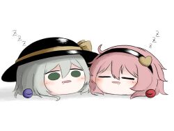 2girls black_hairband black_hat closed_eyes drooling eyeball green_eyes green_hair hair_ornament hairband hat hat_ribbon heart heart_hair_ornament heripantomorrow komeiji_koishi komeiji_satori multiple_girls pink_hair ribbon siblings sisters sleeping sleeping_with_eyes_open third_eye touhou white_background yellow_ribbon yukkuri_shiteitte_ne zzz