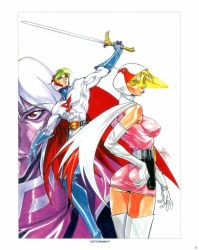 1970s_(style) 1girl 2boys ass bird bodysuit breasts cape covered_erect_nipples curvy gatchaman gatchaman_f huge_ass jun_the_swan ken_the_eagle large_breasts looking_at_viewer looking_back multiple_boys muscular muscular_male oldschool oobari_masami retro_artstyle skirt swan sword tatsunoko_production tribute_(tributism) visor weapon