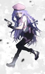 Rule 34 | 1girl, absurdres, amiya aranha, arthropod girl, arthropod limbs, beret, black gloves, black pants, boots, braid, commission, cosplay, fingerless gloves, gloves, grey boots, gun, handgun, hat, highres, holding, holding gun, holding weapon, insect girl, jill valentine, jill valentine (cosplay), long hair, looking to the side, nostdoro, pants, pistol, purple eyes, purple hair, resident evil, second-party source, solo, spider girl, thigh strap, tsunderia, two side up, very long hair, virtual youtuber, weapon