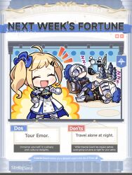 3girls :d ^_^ ahoge black_pants blonde_hair blue_skirt blush buttons chibi chibi_only clenched_hand closed_eyes commentary copyright_name copyright_notice crate double-breasted english_commentary english_text facing_viewer gloves hair_ornament hairclip hand_on_own_hip helmet highres kurihara_sakura long_hair lying miniskirt motor_vehicle multiple_girls notice_lines official_art on_back open_mouth pants parallel_hairclips pleated_skirt scooter side_ponytail sidelocks skirt sleeping smile standing stella_sora tilia_(stella_sora) traffic_cone white_gloves