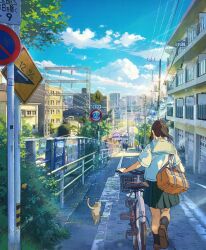 1girl bag balcony bicycle bird blue_sky building cat city cloud from_behind highres original outdoors ponytail power_lines railing railroad_tracks road road_sign ryowelcome1 sailor_collar school_bag school_uniform serafuku shirt sidelocks sign sky solo street vanishing_point white_sailor_collar white_serafuku white_shirt window