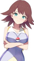 1girl absurdres arms_under_breasts backpack bag bare_arms breasts brown_hair cleavage closed_mouth collarbone commentary_request commission crossed_arms eyelashes green_eyes highres looking_at_viewer medium_hair neesha_(pokemon) nintendo pixiv_commission pokemon pokemon:_the_first_movie_-_mewtwo_strikes_back pokemon_(anime) pokemon_(classic_anime) purple_shirt ryokuchabushi shirt simple_background sleeveless sleeveless_shirt solo white_background yellow_bag