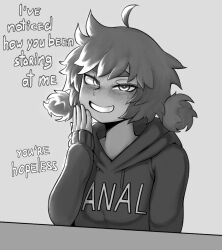 1girl ahoge amber_(vammzu) arm_up blush borrowed_character english_text freckles fuck-me_shirt grin hand_to_own_mouth hood hoodie looking_at_viewer meme_attire monochrome original short_hair smile smug teasing teeth tonka_kryga