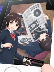 1girl abstract blazer bow bowtie brown_eyes brown_hair cassette_tape cd chair commentary computer controller floppy_disk from_above jacket laptop looking_at_viewer looking_up multiple_persona newspaper open_mouth original plaid_clothes plaid_skirt pov pov_hands recursion remote_control school_uniform short_hair sitting skirt smile television usb videocassette wooden_floor yajirushi_(chanoma)