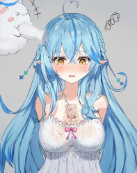 Rule 34 | 1girl, absurdres, ahoge, alcohol, alternate costume, arms behind back, bare shoulders, blue hair, blush, bottle, breasts, camisole, elf, glass, grey background, heart, heart ahoge, highres, hololive, large breasts, long hair, official alternate costume, pointy ears, sake, sake bottle, see-through camisole, see-through clothes, simple background, spaghetti strap, upper body, very long hair, virtual youtuber, wet, wet clothes, white camisole, winvita, yellow eyes, yukihana lamy, yukihana lamy (loungewear), yukimin (yukihana lamy)