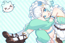 1girl :d ahoge ankle_socks apron aqua_background aqua_hair blue_eyes border bow brown_shoes center_frills detached_sleeves diagonal-striped_background dress fang frilled_apron frilled_dress frilled_sleeves frills gradient_hair hair_bow hair_intakes hair_ornament hairclip hashtag-only_commentary highres hugging_own_legs indie_virtual_youtuber looking_at_viewer maid maid_apron maid_headdress maplesights mary_janes mint_fantome mint_fantome_(minto_2.0) multicolored_hair open_mouth shoes short_hair sitting skin_fang sleeves_past_fingers sleeves_past_wrists smile socks solo striped_background two-tone_hair two_side_up unconventional_maid virtual_youtuber waist_apron wavy_hair white_border white_hair white_socks wisps_(mint_fantome) x_hair_ornament