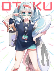 1girl bandaid bandaid_on_knee bandaid_on_leg black_shirt blue-framed_eyewear blue_eyes blue_hair blue_shorts bracelet closed_mouth collarbone dakimakura_(object) glasses hair_ornament hairband hugging_object indie_virtual_youtuber jewelry light_blue_hair long_hair looking_at_viewer pillow pillow_hug red_hairband scrunchie shirt short_shorts short_sleeves shorts sparkling_eyes standing suimya suimya_(vtuber) twintails v virtual_youtuber