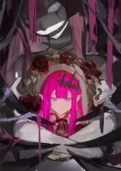 2girls absurdres baobhan_sith_(fate) baobhan_sith_(first_ascension)_(fate) baobhan_sith_(third_ascension)_(fate) bare_shoulders breasts detached_collar detached_sleeves dress dual_persona facial_mark fangs fate/grand_order fate_(series) flower fui_(fui29493452) gag grey_eyes hairband highres lbreasts long_hair looking_at_viewer multiple_girls pink_hair pointy_ears red_dress rose sidelocks tiara white_dress