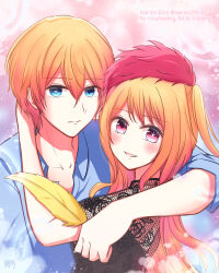 1boy 1girl arm_around_shoulder blonde_hair blue_eyes blue_shirt brother_and_sister collared_shirt english_text fur_hat grin hat highres hoshino_aquamarine hoshino_ruby long_hair looking_at_viewer marinori_no oshi_no_ko pink_eyes pink_hat see-through_clothes shirt short_hair short_sleeves siblings smile star-shaped_pupils star_(symbol) symbol-shaped_pupils teeth watermark