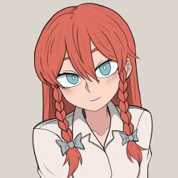 1girl alternate_costume blue_eyes blush bow braid breasts collarbone double-parted_bangs eyelashes grey_bow hair_between_eyes hair_bow hong_meiling long_hair looking_at_viewer medium_breasts multiple_hair_bows red_hair redguard shirt short_sleeves simple_background smile solo touhou twin_braids upper_body white_shirt